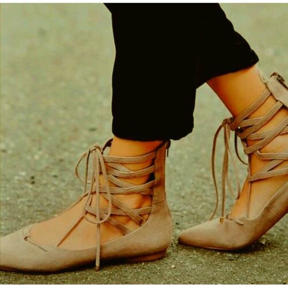 Free People Shay Lace-Up Flats Taupe Suede Leather Corset Strappy Distressed 6 - Picture 5 of 16